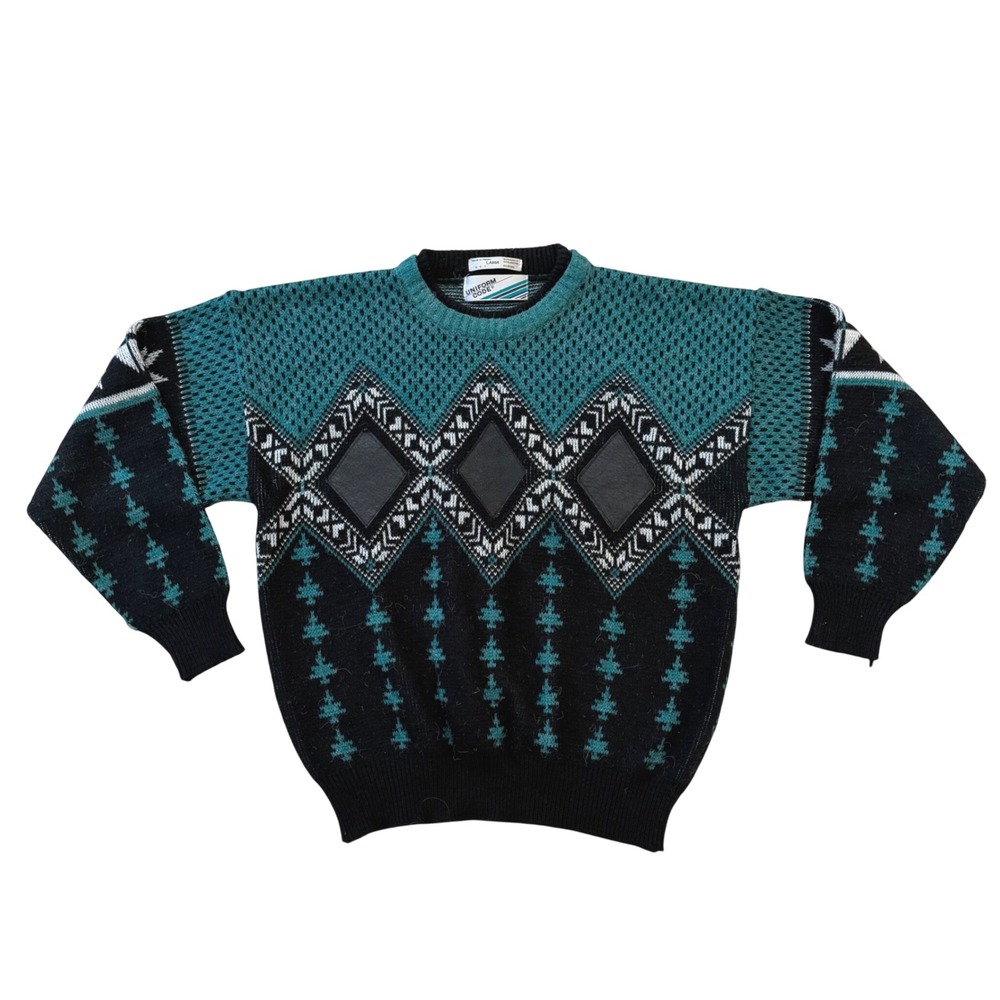 Vintage Uniform Code Mens Grandpacore Leather Patch Geometric Knit Sweater L